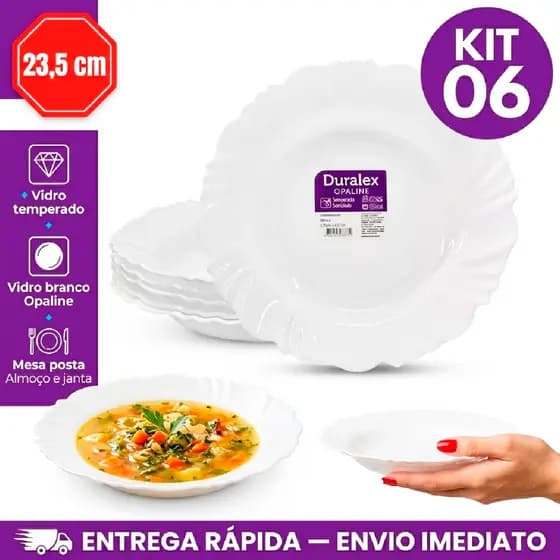 Jogo Kit 6 Pratos Petala Fundo Duralex Vidro Opaline Branco Circular 23.5CM Temperado Resistente