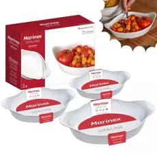 Conjunto marinex 3 Assadeira Formas Opaline Oval Vidro Branco PMG