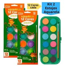 Kit 2 Estojo Aquarela 12 Cores Tinta e Pincel Para Personalizar Uso Infantil Escolar Artístico Leo&Leo