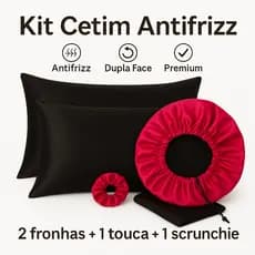 Kit Cetim Antifrizz – 2 Fronhas + Touca Regulável Dupla Face + Scrunchie Premium