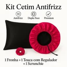Kit Cetim Antifrizz – Fronha + Touca Regulável Dupla Face + Scrunchie Premium