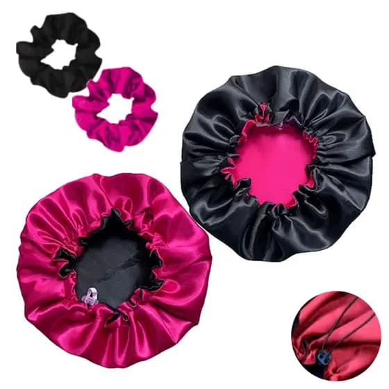 Touca de Cetim Dupla Face + Scrunchie Regulável, Antifrizz e Confortável para Dormir
