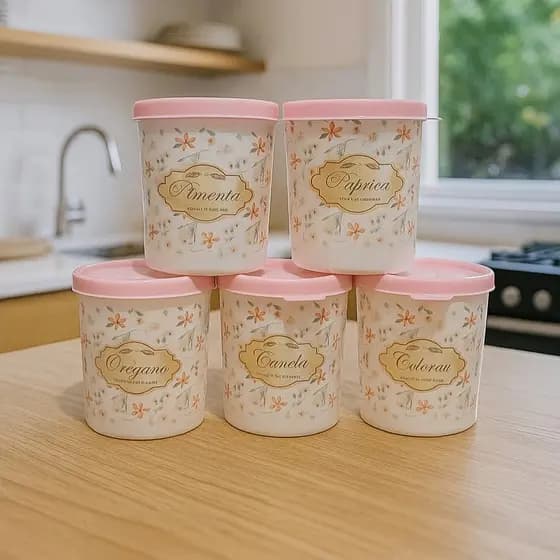 Kit 5 Potes Plásticos Porta Condimentos 200ml Decorados Floral Cozinha Temperos