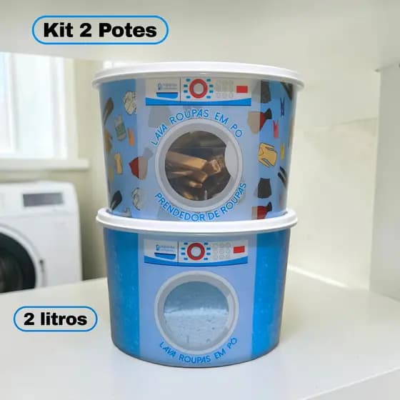 Kit 2 Potes Plásticos 2 Litros Porta Sabão e Prendedores de roupas para lavanderia