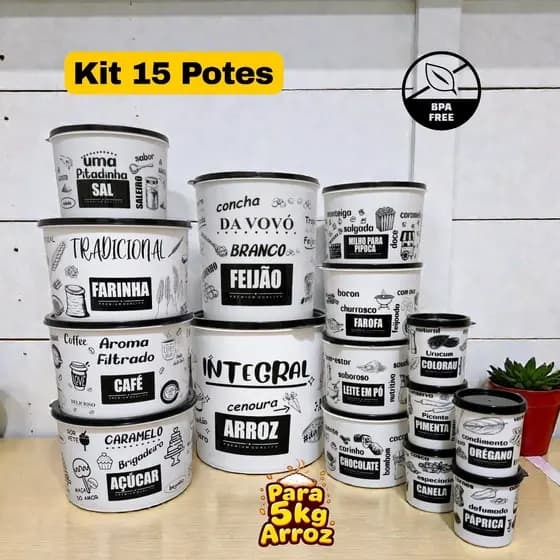 Kit 15 Potes Plásticos Porta Mantimentos e Condimentos Pretos Black Organizadores Cozinha