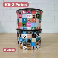 Kit 2 Potes Plásticos 2 Litros Estampados Café e Açúcar Porta Mantimentos Cozinha