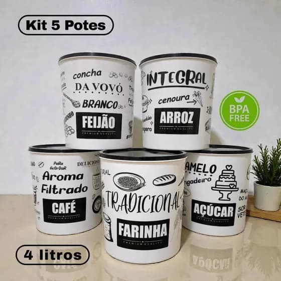 Kit 5 Potes Plásticos Porta Mantimentos Black 4 Litros