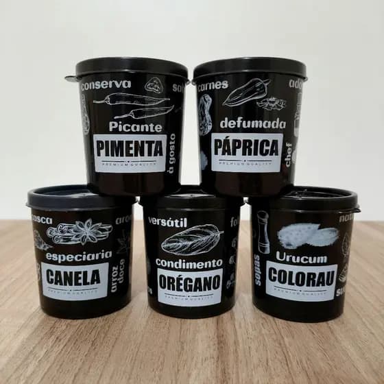 Kit 5 Potes Plásticos Porta Condimentos Pretos