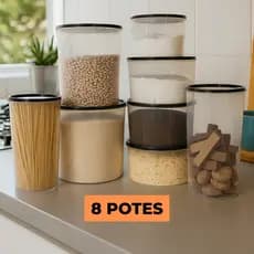 Kit 8 Potes Plásticos Redondos Transparentes Porta Mantimentos Organizadores Cozinha