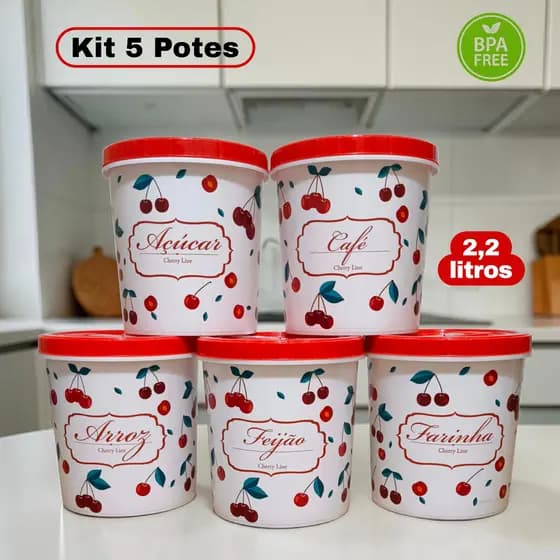 Kit 5 Potes Plásticos Organizadores com Tampa com Rosca 2,2 Litros Cherry