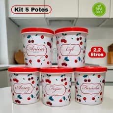 Kit 5 Potes Plásticos Organizadores com Tampa com Rosca 2,2 Litros Cherry