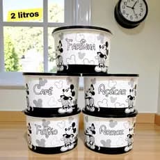 Kit Potes Plásticos Pretos e Brancos 2 Litros Porta Mantimentos Black Mickey Retrô Decorados Cozinha