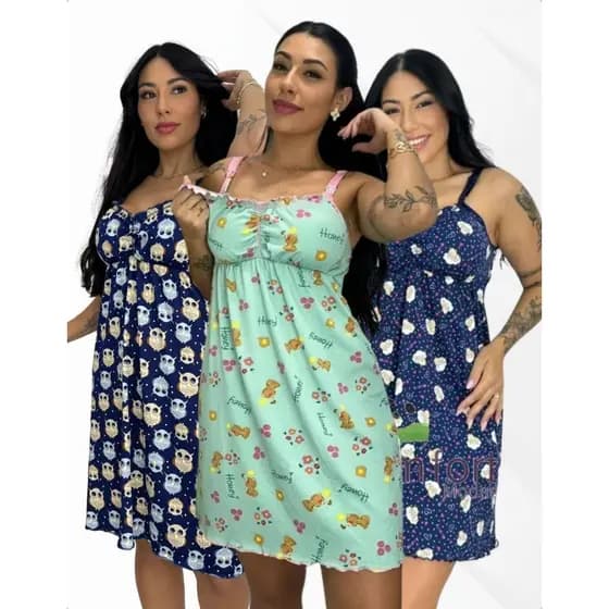 Kit 5 Camisola Alcinha Confortável Abotoar Gestante Amamentação Estampada Pós Parto Suede Microfibra