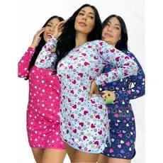 Kit 4 Camisola Manga Longa Comprida Quentinha Confortável Cava Lateral Microfibra Estampada Noite