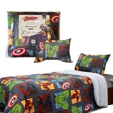 Edredom e Fronha Avengers Vingadores Marvel Disney Solteiro 2 pçs Kit Dupla Face Cobre Leito