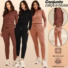Conjunto Feminino Calça Jogger e Blusa Canguru C Capuz Tipo Moletom Para o Frio Inverno C Lycra