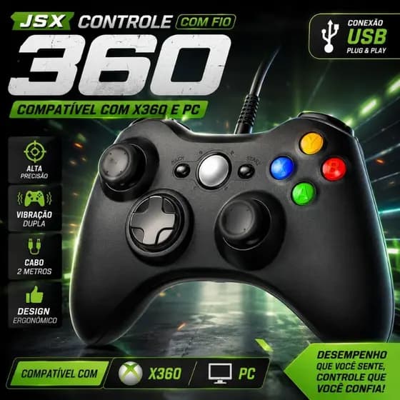Controle Joystick KAP-360 USB Para Xbox 360 e PC Com Vibração Dual Shock Cabo 2,1m Preto