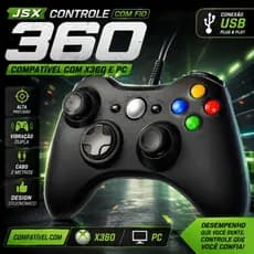 Controle Joystick KAP-360 USB Para Xbox 360 e PC Com Vibração Dual Shock Cabo 2,1m Preto
