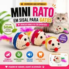 Brinquedo Mini Rato Sisal Para Gatos Interativo com Pena Resistente Estimula Instinto Pet