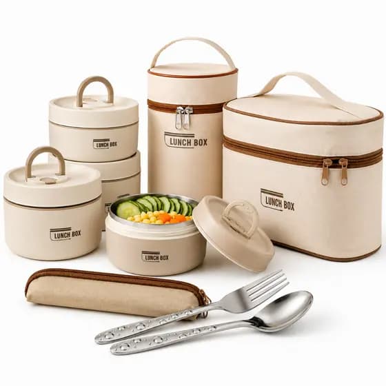 Marmita Kit Lancheira Térmica C/ 3 e 4 Pçs Aço Inoxidável C/ Bolsa Térmica Antivazamento C/ Talheres