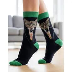 Meia Divertida Estampada Oddo Cano Longo Verde Preta Gato Óculos