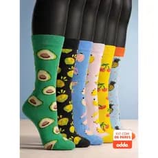 Kit 6 Meias Divertidas Oddo Frutas Banana Abacaxi Abacate Cereja Limão