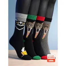 Kit 4 Meias Divertidas Oddo Loucos por Gatos Salem e Gatos de Óculos