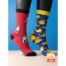 Kit 2 Pares Meias Divertidas Oddo Animais Pato Bulldog