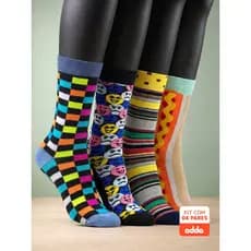 Kit 4 Pares Meias Divertidas Oddo Coloridas Xadrez Emoji Listras Hotdog