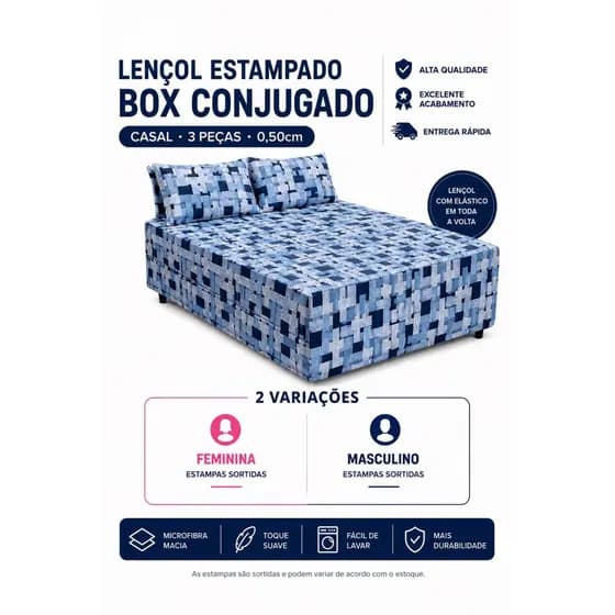 Lençol estampado box conjugado casal 3 peças 0,50cm