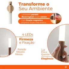 Luminaria Led Recarregável Sensor de Movimento Arandela de Madeira Mesa Parede Magnética