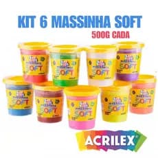 Kit 6 UND Massa/Massinha de Modelar infantil no Pote Cores Sortidas 500g Soft - ACRILEX