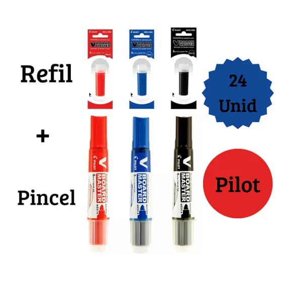 Kit 3 Marcadores + 24 Refil Para Marcador de Quadro Branco Lousa Branca Refil e Marcador da Pilot.
