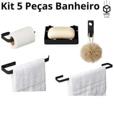 Kit Acessório Banheiro Preto Fosco 5 Peças Quadrado Aço Promoção Toalha Saboneteira Bucha Papel
