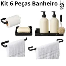 Kit  Acessório Conjunto Para Banheiro Preto Fosco Metal Extra Luxo Porta Papel Toalha Higiene