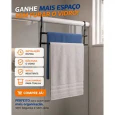 Suporte Toalha  Duplo Sem Furo Banheiro Box Pendurar Preto Fosco 60cm Porta Promoção