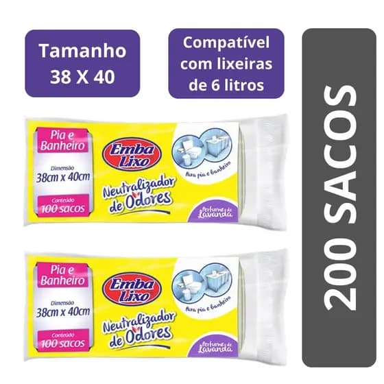 200 Sacos de Lixo Embalixo para Pia e Banheiro Perfume Neutralizador de Odores Lavanda 38x40cm