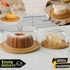 Kit Boleira 28cm + Porta Queijo Frios 19cm Bambu Tampa Em Acrílico Jogo Porta Bolo Torta Pudim Queijeira Mesa Posta