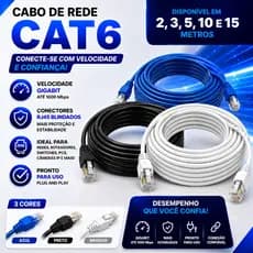 Cabo de Rede Cat6 Com Conector Blindado Alta Velocidade 2 a 15 Metros até 1000Mbps