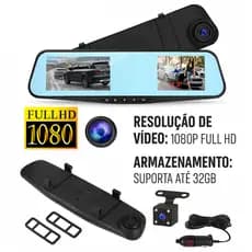 Retrovisor Automotivo com Câmera de Ré e Frontal 170° 1080P Full HD – Suporta até 32GB