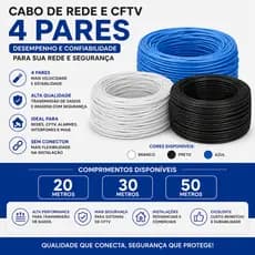 Cabo Rede CFTV 4 Pares Sem Conector 20m 30m 50m Branco Preto Azul Alta Qualidade