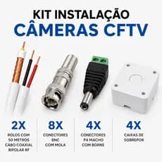 Kit Instalação CFTV 2x Cabo Coaxial 50 Metros Bipolar 8 BNC 4 P4 Borne 4 Caixas Sobrepor