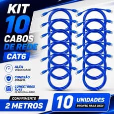 Kit 10 Cabo Rede CAT6 2m Azul RJ45 Gigabit 1000Mbps Pronto Para Uso Alta Qualidade