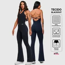 Macacão Fitness Feminino Flare Costa Nua Trançado Decote U Frente Única Blackout Zero Transparência
