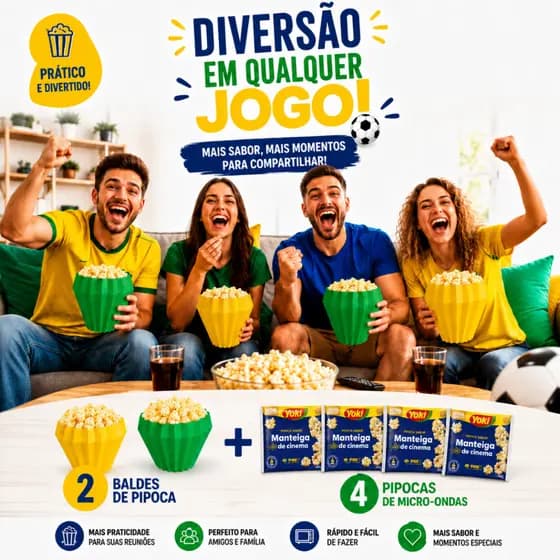 Kit Pipoca com 2 Baldes Design Geométrico + 4 Pipocas Yoki Manteiga de Cinema