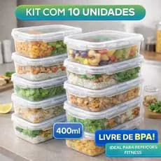 Kit 10 Potes Marmita Fit 400ML Retangular Com Tampa 4 Travas Jogo de Potes Livres de BPA