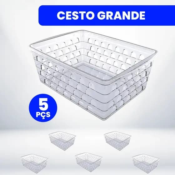 Kit com 5 Cestos Organizadores Multiuso 24x17x7,5cm Grande Transparente