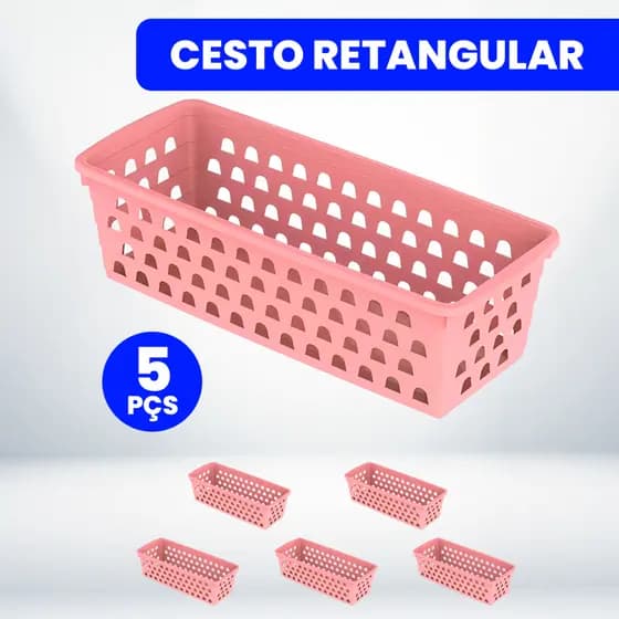 Kit Com 5 Cestos Organizador Multiuso 28x11x8cm Rosa