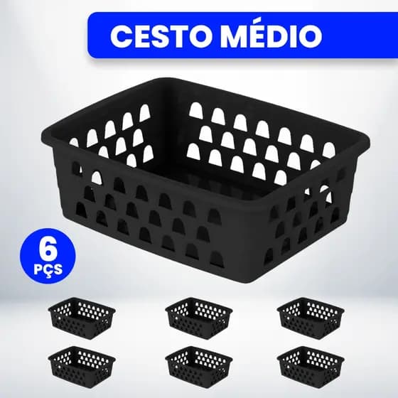 Kit com 6 Cestos Organizadores Multiuso 20x15,5x6,5 Médio Preto