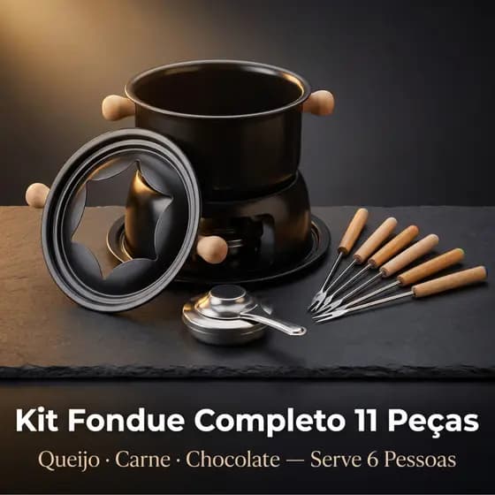 Kit Conjunto Aparelho De Fondue Panela 11 Peças Carne Queijo Chocolate Serve 6 Pessoas Hauskraft